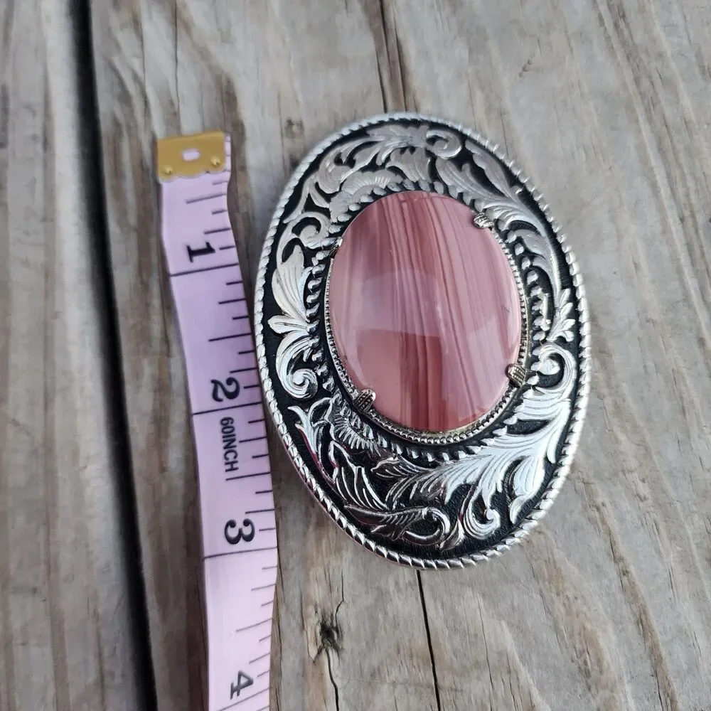 VINTAGE Rare Western Tooled Silver Belt Buckle with Pink Fiesta Agate GemStone